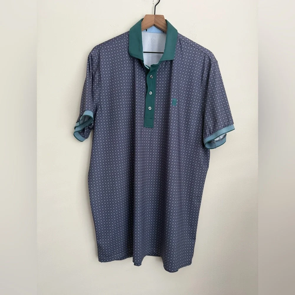 Greyson Polo Shirt Mens XL Geometric Golf Wolf stretch performance Blue Preppy
